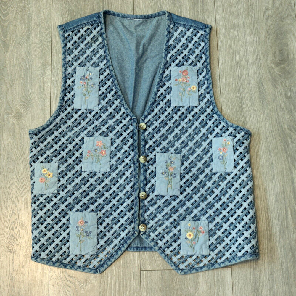 Vintage Cascade Blues Womens 3X Colorful Denim Lattice Vest Grandma Cottage Core